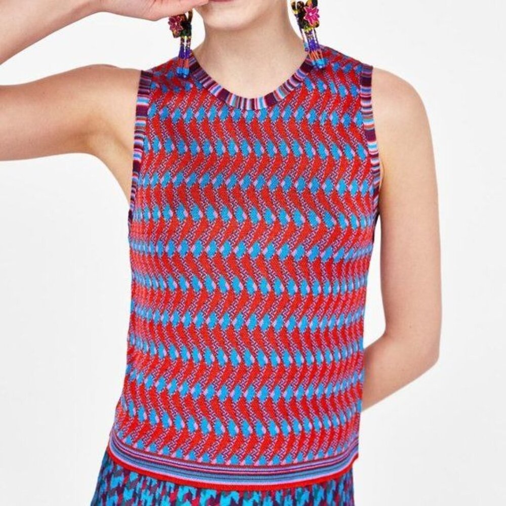 Zara Knit Jacquard Chevron ZigZag Stripe Shell Sleeveless